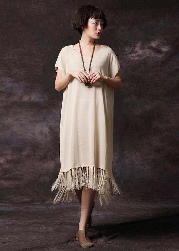 Simple pink tassel cotton Long Shirts o neck loose summer Dress - bagstylebliss