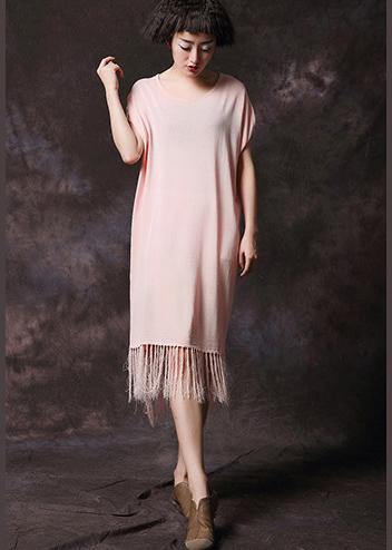 Simple pink tassel cotton Long Shirts o neck loose summer Dress - bagstylebliss