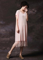 Simple pink tassel cotton Long Shirts o neck loose summer Dress - bagstylebliss