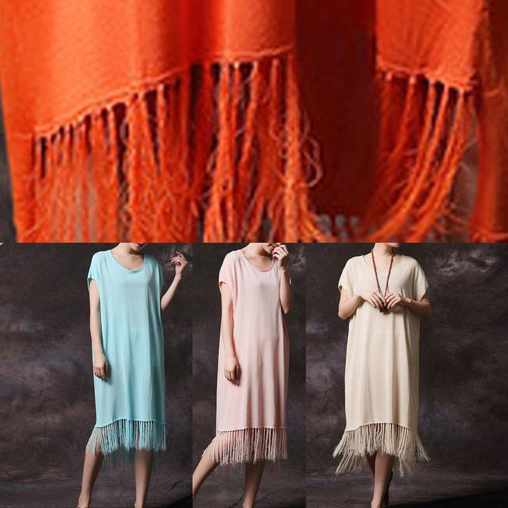 Simple pink tassel cotton Long Shirts o neck loose summer Dress - bagstylebliss