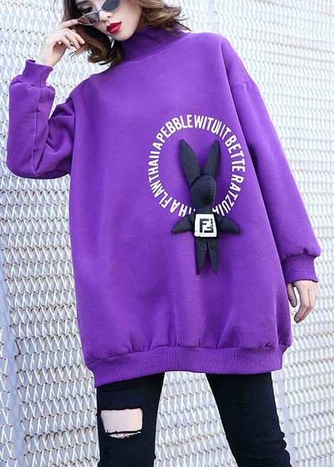 Simple purple cotton clothes For Women Cartoon animal decorated baggy prints tops - bagstylebliss