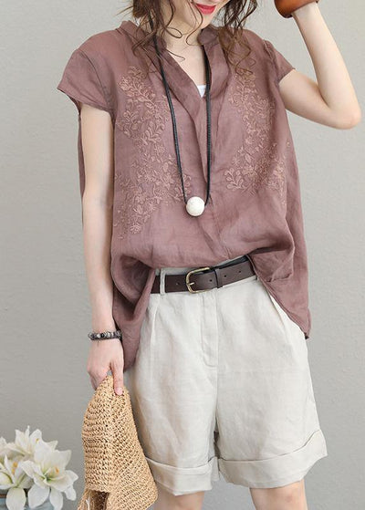 Simple purple khaki linen clothes stand collar short summer tops - bagstylebliss