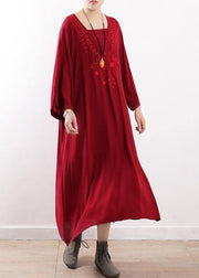 Simple red embroidery clothes For Women o neck Maxi fall Dresses - bagstylebliss