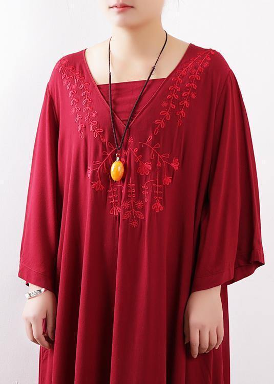 Simple red embroidery clothes For Women o neck Maxi fall Dresses - bagstylebliss