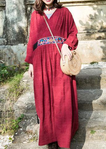 Simple red linen clothes v neck embroidery cotton robes summer Dresses - bagstylebliss