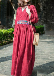 Simple red linen clothes v neck embroidery cotton robes summer Dresses - bagstylebliss