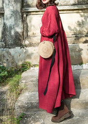 Simple red linen clothes v neck embroidery cotton robes summer Dresses - bagstylebliss