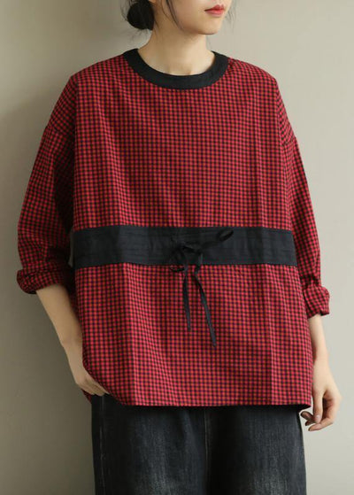 Simple red plaid clothes o neck tie waist baggy fall top - bagstylebliss