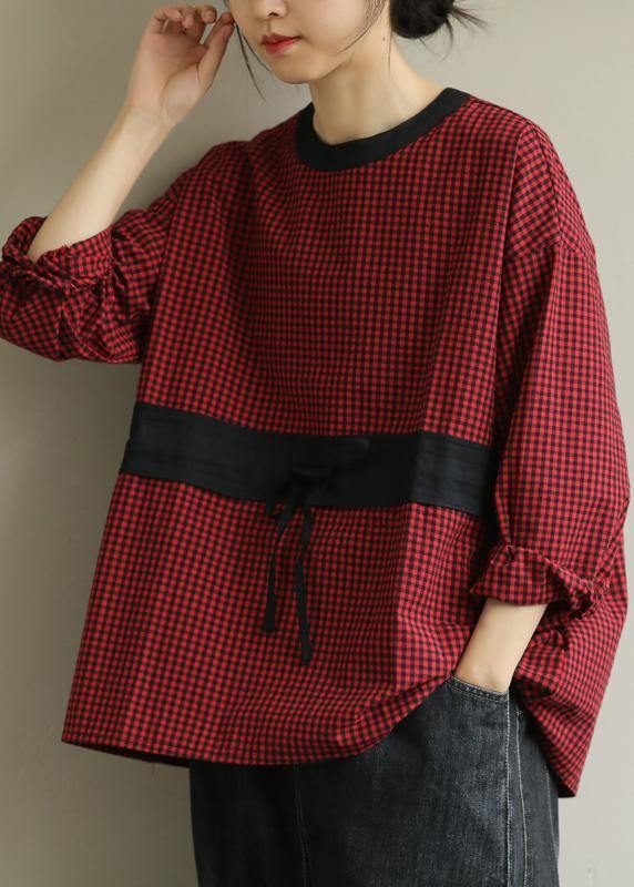 Simple red plaid clothes o neck tie waist baggy fall top - bagstylebliss