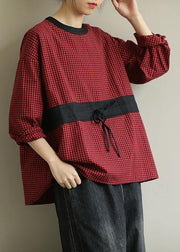 Simple red plaid clothes o neck tie waist baggy fall top - bagstylebliss