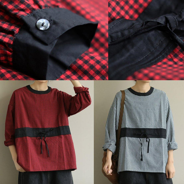 Simple red plaid clothes o neck tie waist baggy fall top - bagstylebliss