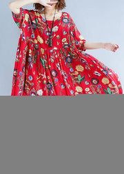 Simple red print cotton clothes For Women o neck Cinched Dresses summer Dresses - bagstylebliss
