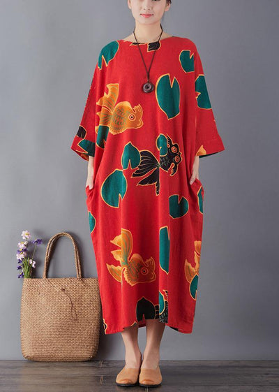 Simple red print cotton dress o neck pockets Maxi summer Dresses - bagstylebliss