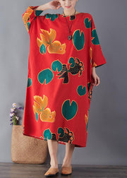 Simple red print cotton dress o neck pockets Maxi summer Dresses - bagstylebliss