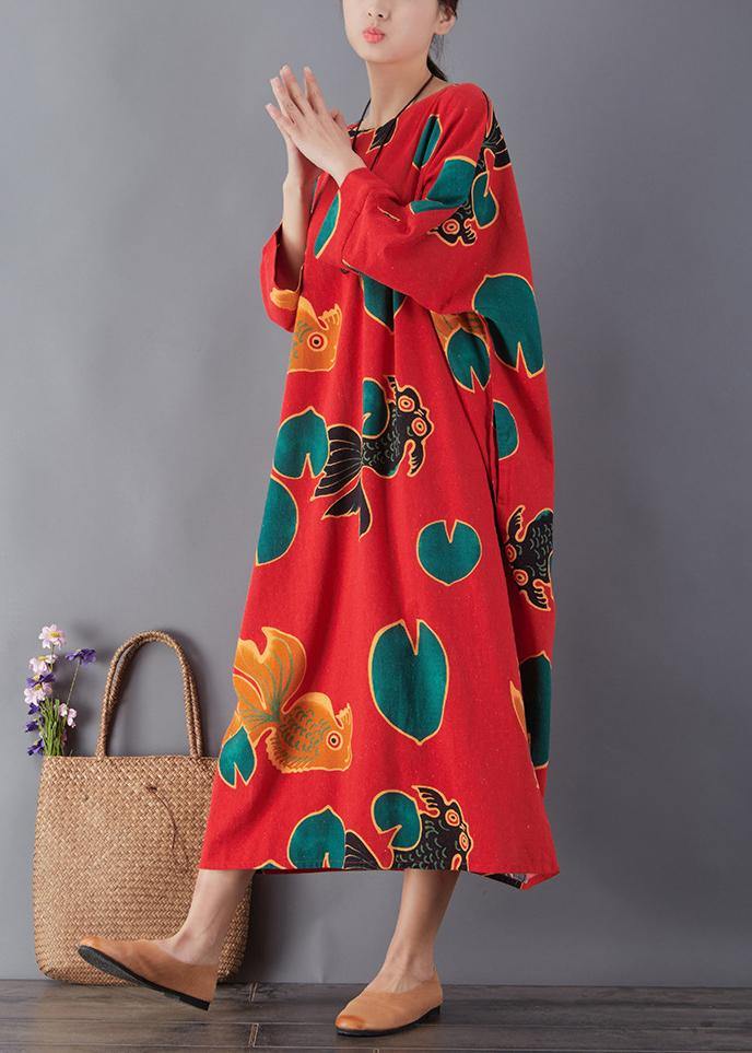 Simple red print cotton dress o neck pockets Maxi summer Dresses - bagstylebliss