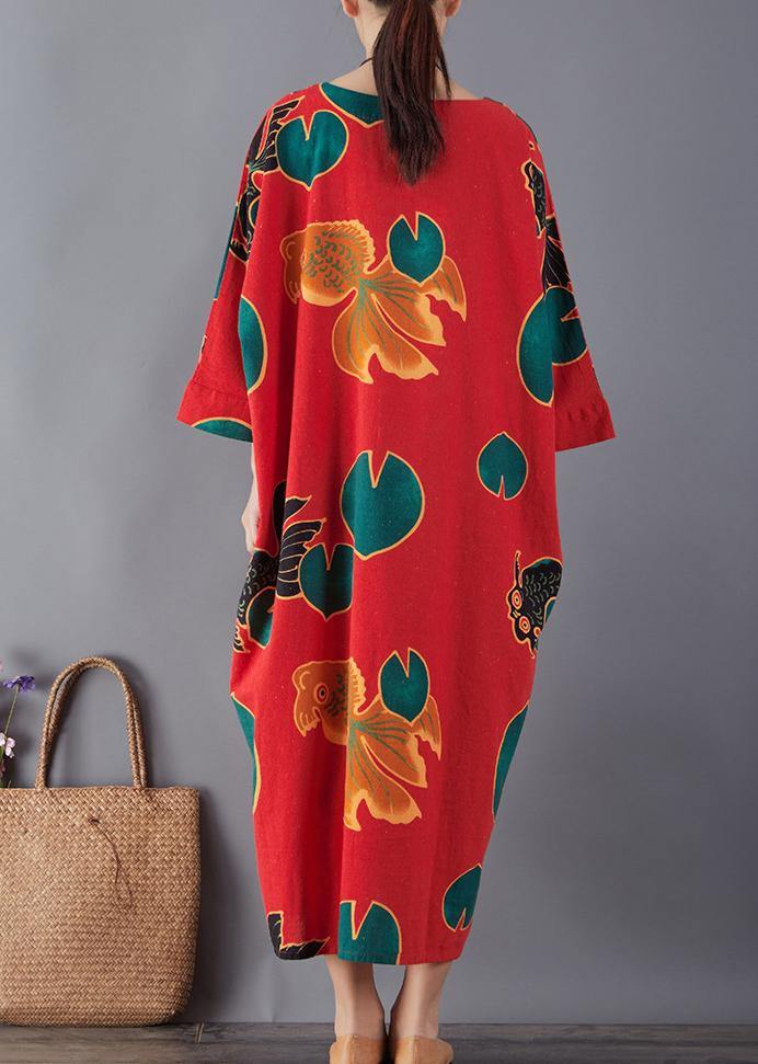 Simple red print cotton dress o neck pockets Maxi summer Dresses - bagstylebliss