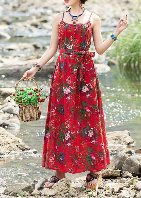 Simple red print cotton quilting dresses sleeveless tie waist A Line summer Dresses - bagstylebliss