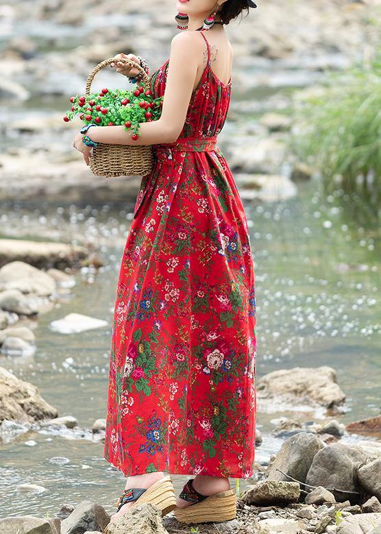 Simple red print cotton quilting dresses sleeveless tie waist A Line summer Dresses - bagstylebliss