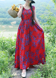 Simple red print linen cotton clothes o neck sleeveless drawstring long summer Dresses - bagstylebliss