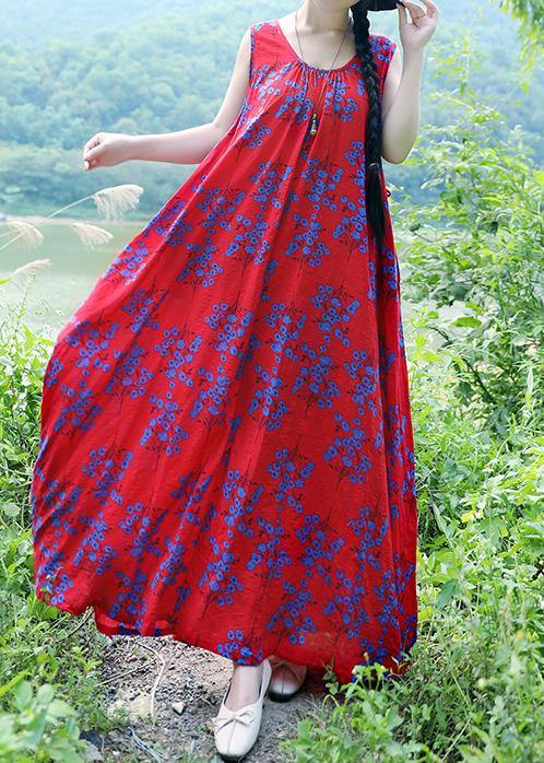 Simple red print linen cotton clothes o neck sleeveless drawstring long summer Dresses - bagstylebliss