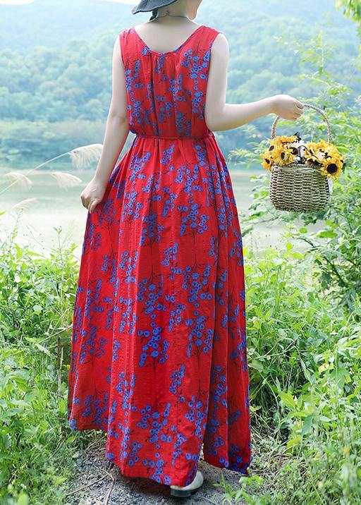 Simple red print linen cotton clothes o neck sleeveless drawstring long summer Dresses - bagstylebliss