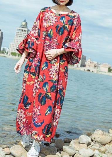 Simple red print linen cotton o neck flare sleeve long summer Dresses - bagstylebliss