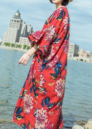 Simple red print linen cotton o neck flare sleeve long summer Dresses - bagstylebliss