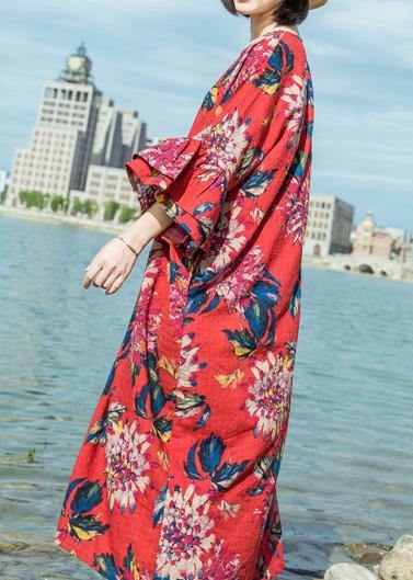 Simple red print linen cotton o neck flare sleeve long summer Dresses - bagstylebliss