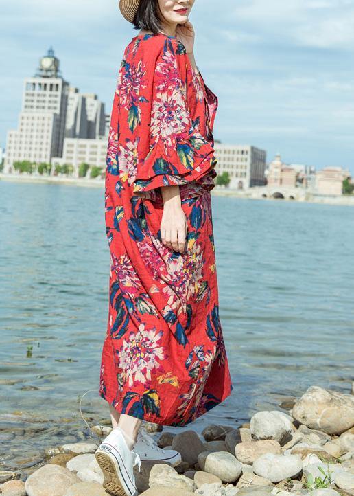 Simple red print linen cotton o neck flare sleeve long summer Dresses - bagstylebliss