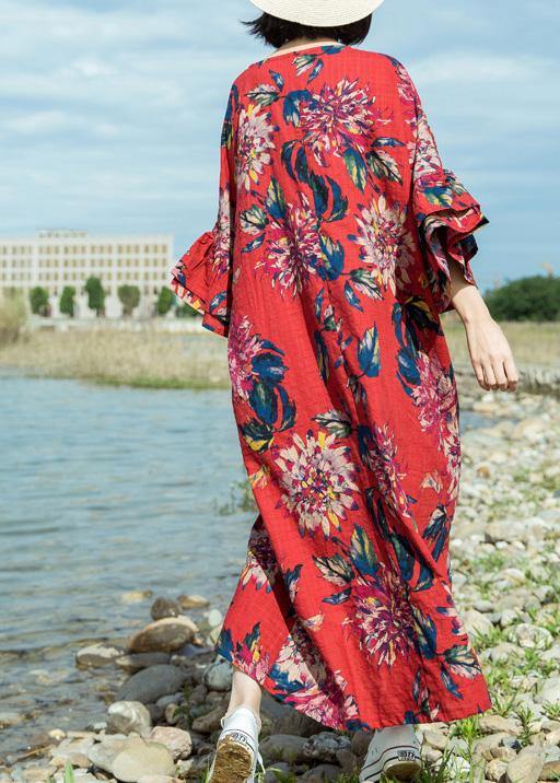 Simple red print linen cotton o neck flare sleeve long summer Dresses - bagstylebliss