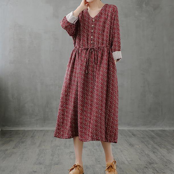 Simple red print top stand collar drawstring Plus Size fall Dress - bagstylebliss