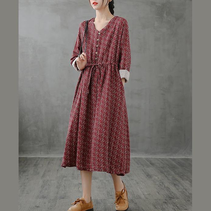 Simple red print top stand collar drawstring Plus Size fall Dress - bagstylebliss