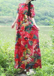 Simple red prints linen dress Casual Outfits short sleeveless Love summer Dress - bagstylebliss