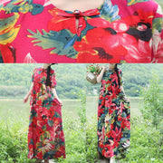 Simple red prints linen dress Casual Outfits short sleeveless Love summer Dress - bagstylebliss