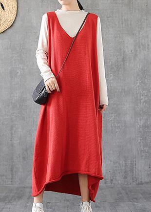 Simple red tunic top v neck sleeveless Maxi Dress - bagstylebliss