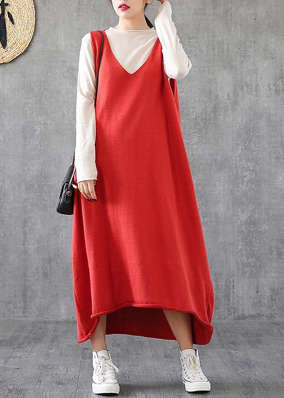 Simple red tunic top v neck sleeveless Maxi Dress - bagstylebliss