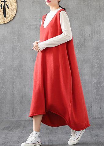 Simple red tunic top v neck sleeveless Maxi Dress - bagstylebliss