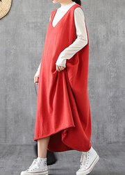 Simple red tunic top v neck sleeveless Maxi Dress - bagstylebliss