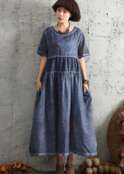 Simple short sleeve linen Wardrobes design blue patchwork Dress summer - bagstylebliss