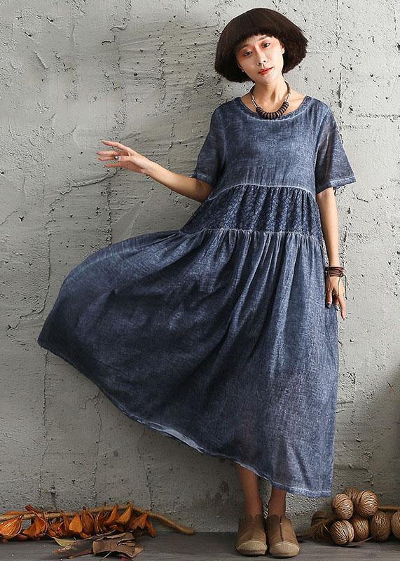 Simple short sleeve linen Wardrobes design blue patchwork Dress summer - bagstylebliss