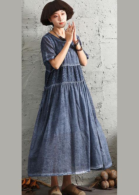 Simple short sleeve linen Wardrobes design blue patchwork Dress summer - bagstylebliss