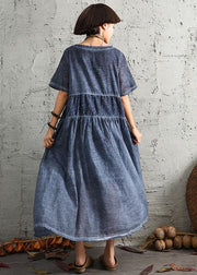 Simple short sleeve linen Wardrobes design blue patchwork Dress summer - bagstylebliss