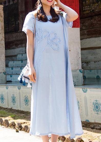 Simple sky blue cotton linen clothes For Women o neck pockets summer Dresses - bagstylebliss