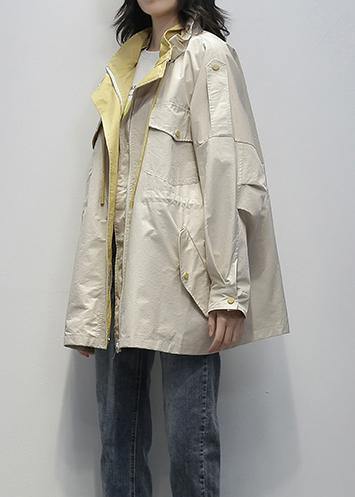 Simple stand collar drawstring Fashion clothes khaki Midi coat - bagstylebliss