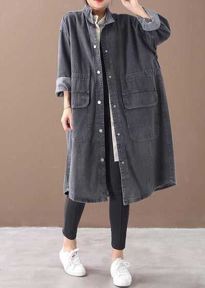 Simple stand collar drawstring Fashion tunic coat denim black Midi women coats - bagstylebliss