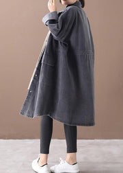 Simple stand collar drawstring Fashion tunic coat denim black Midi women coats - bagstylebliss