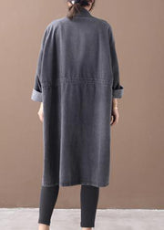 Simple stand collar drawstring Fashion tunic coat denim black Midi women coats - bagstylebliss