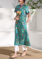 Simple stand collar patchwork linen Wardrobes design green print Dresses - bagstylebliss