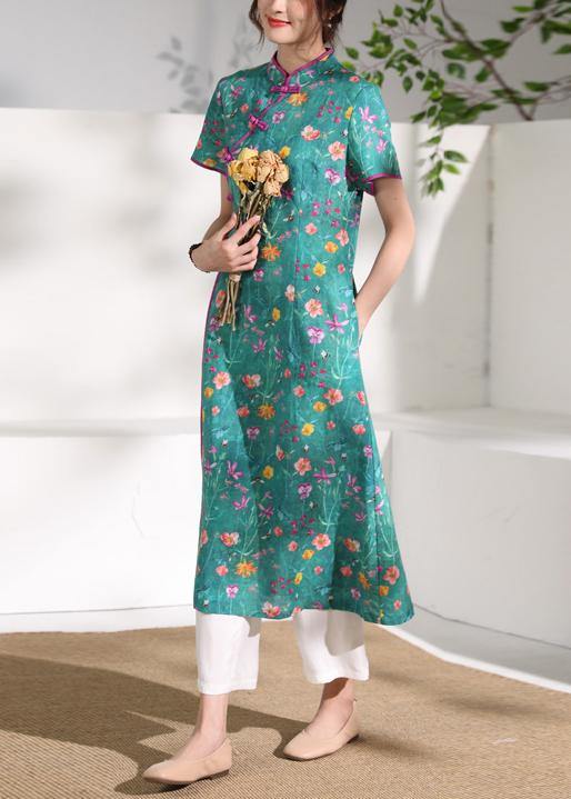 Simple stand collar patchwork linen Wardrobes design green print Dresses - bagstylebliss