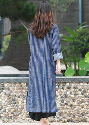 Simple stand collar side open tunic Tutorials denim blue striped A Line Dress - bagstylebliss